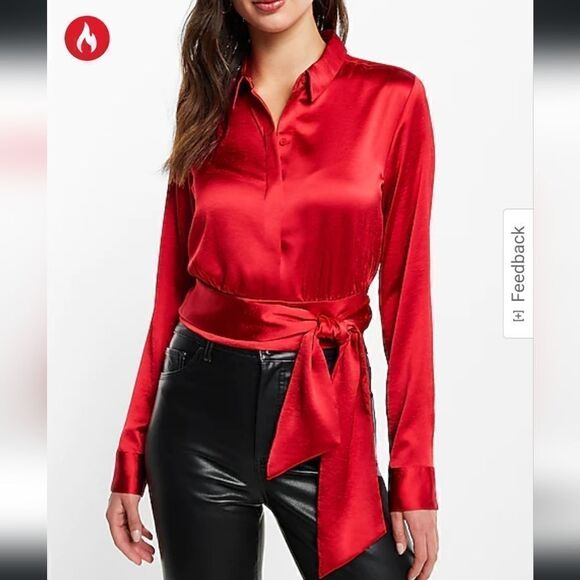 SATIN Tie Front Banded Bottom Portofino Shirt,XS - Picture 1 of 10